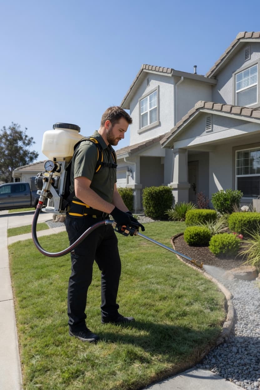Pest control technician with a backpack sprayer treating the foundation beds of a customer's home